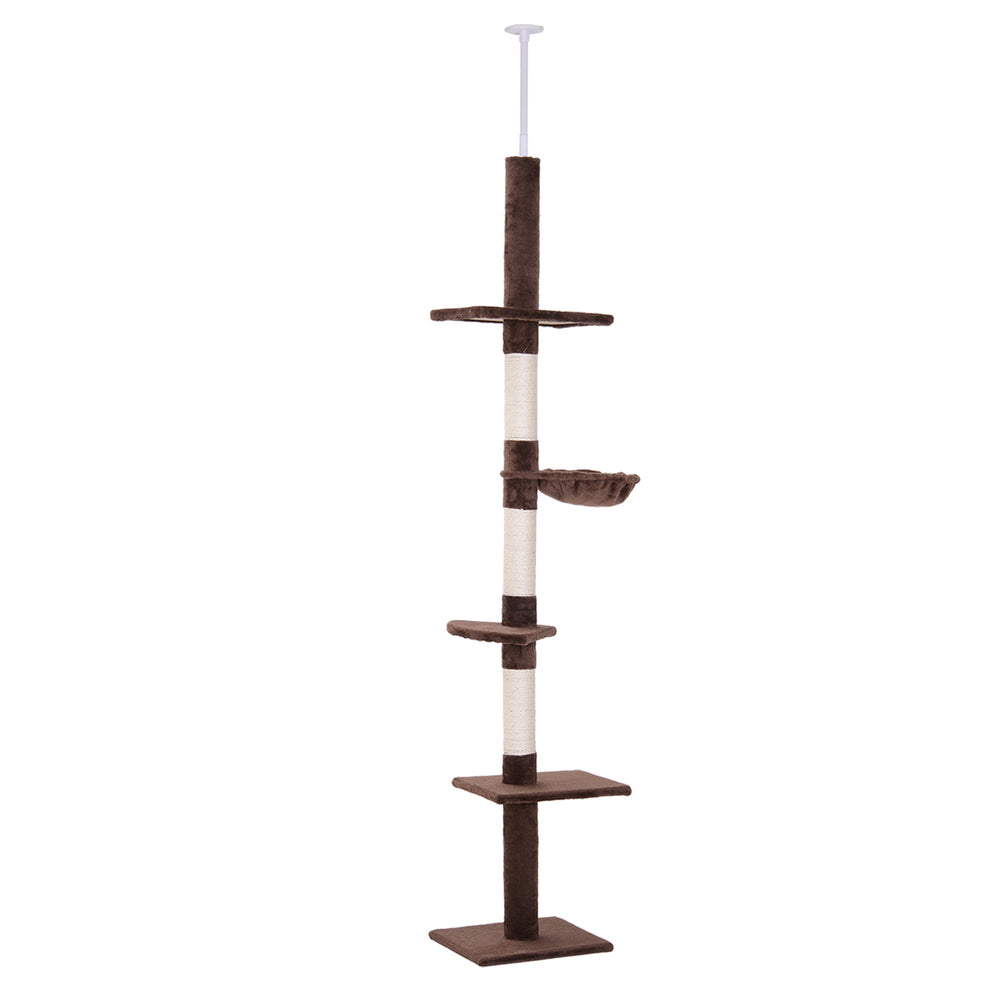Floor to Ceiling Cat Tree for Indoor Cats 5-Tier Kitty Tower Climbing Activity Center Scratching Post Adjustable Height 230-260 cm, PawHut, Brown