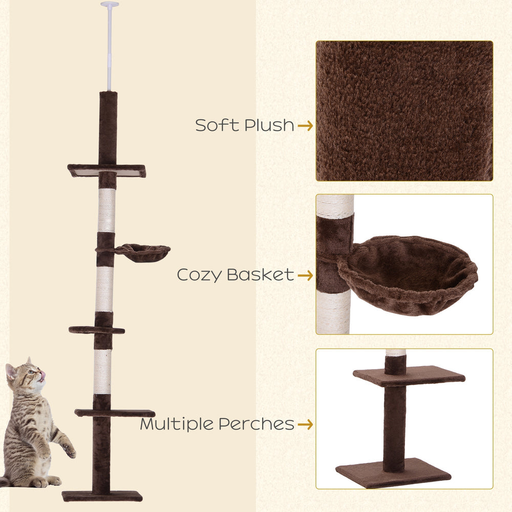 Floor to Ceiling Cat Tree for Indoor Cats 5-Tier Kitty Tower Climbing Activity Center Scratching Post Adjustable Height 230-260 cm, PawHut, Brown