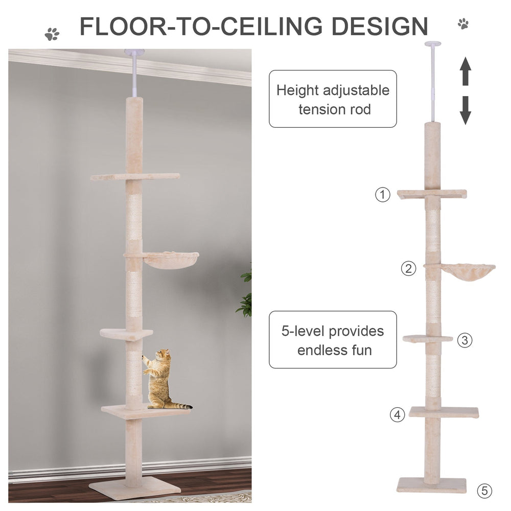Floor to Ceiling Cat Tree for Indoor Cats 5-Tier Kitty Tower Climbing Activity Center Scratching Post Adjustable Height 230-260 cm, PawHut, Brown