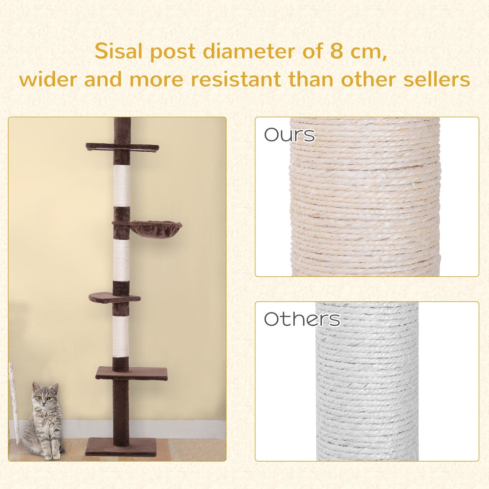 Floor to Ceiling Cat Tree for Indoor Cats 5-Tier Kitty Tower Climbing Activity Center Scratching Post Adjustable Height 230-260 cm, PawHut, Brown