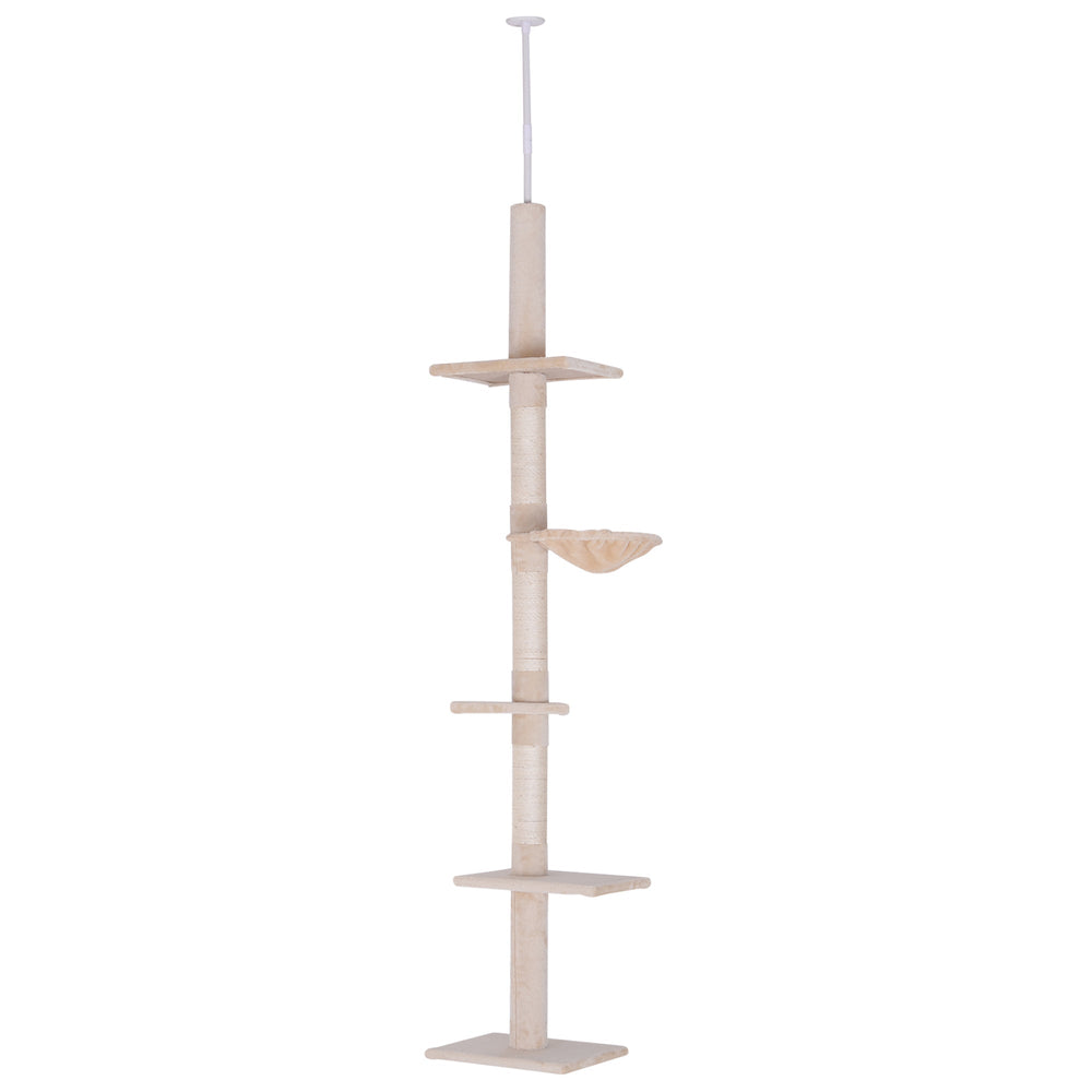 Floor to Ceiling Cat Tree for Indoor Cats 5-Tier Kitty Tower Climbing Activity Center Scratching Post Adjustable Height 230-260 cm, PawHut, Brown
