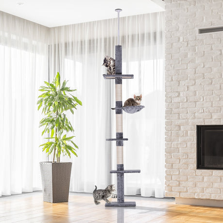 Floor to Ceiling Cat Tree for Indoor Cats 5-Tier Kitty Tower Climbing Activity Center Scratching Post Adjustable Height 230-260 cm, PawHut, Brown