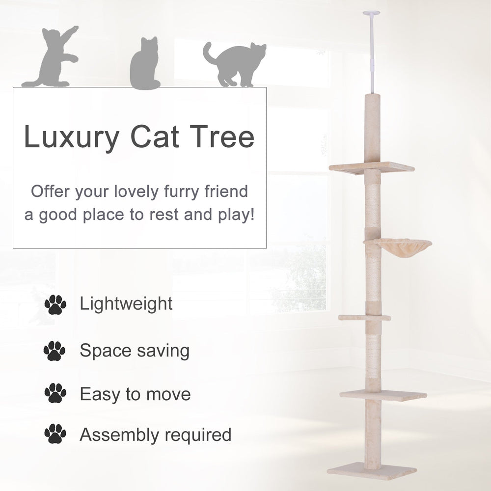 Floor to Ceiling Cat Tree for Indoor Cats 5-Tier Kitty Tower Climbing Activity Center Scratching Post Adjustable Height 230-260 cm, PawHut, Brown