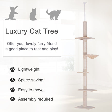 Floor to Ceiling Cat Tree for Indoor Cats 5-Tier Kitty Tower Climbing Activity Center Scratching Post Adjustable Height 230-260 cm, PawHut, Brown