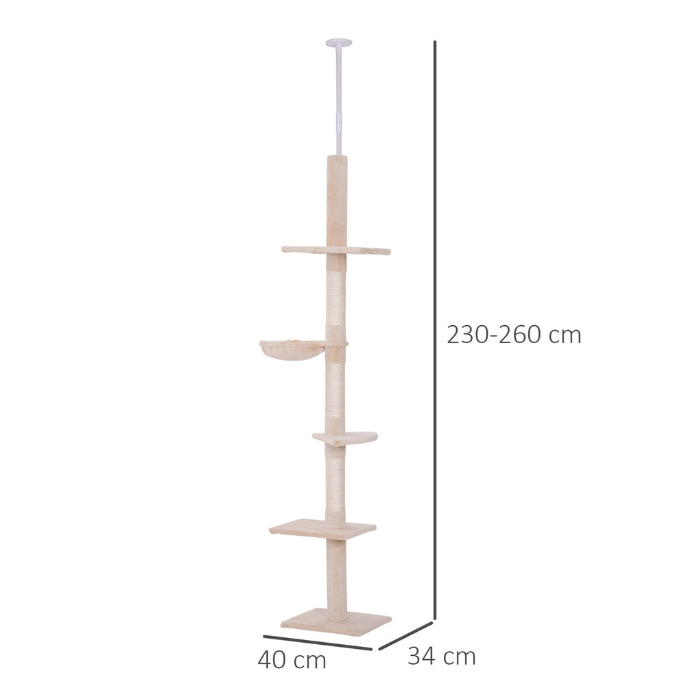 Floor to Ceiling Cat Tree for Indoor Cats 5-Tier Kitty Tower Climbing Activity Center Scratching Post Adjustable Height 230-260 cm, PawHut, Brown