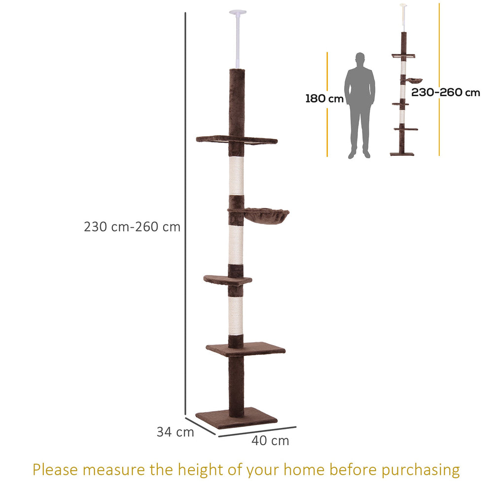 Floor to Ceiling Cat Tree for Indoor Cats 5-Tier Kitty Tower Climbing Activity Center Scratching Post Adjustable Height 230-260 cm, PawHut, Brown