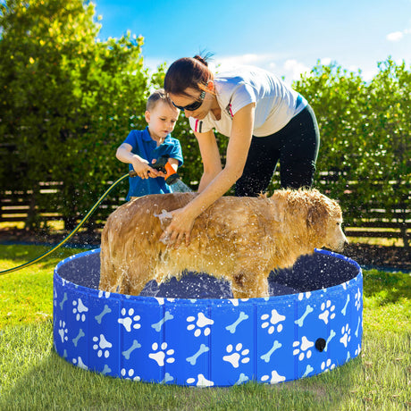 Foldable Blue Dog Paddling Pool, Collapsible Bathing Tub, PawHut, Φ80 × 20H cm