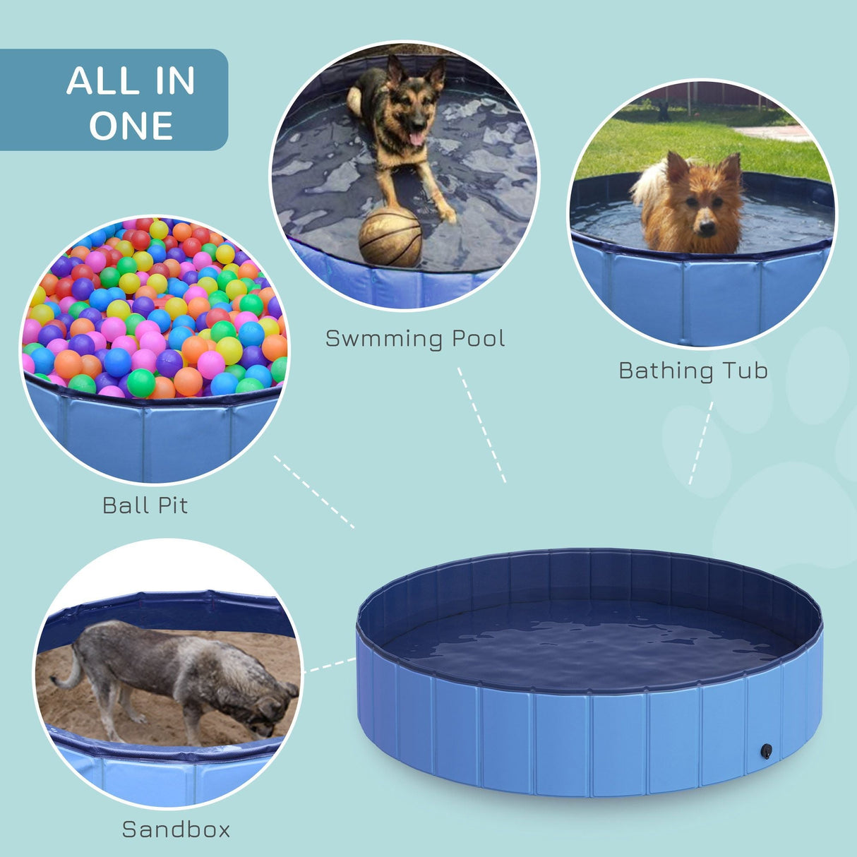 Foldable Dog Paddling Pool (Φ140 x 30H cm), PawHut, Blue