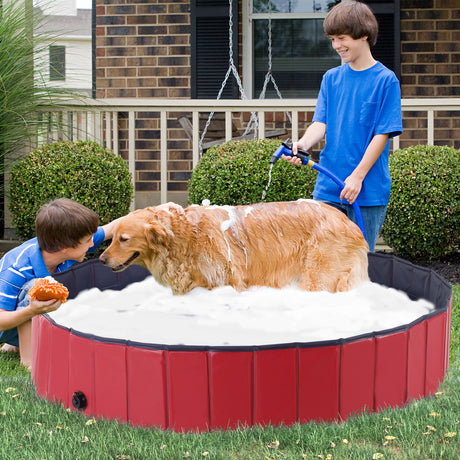 Foldable Dog Paddling Pool (Φ160 × 30H cm), PawHut, Red