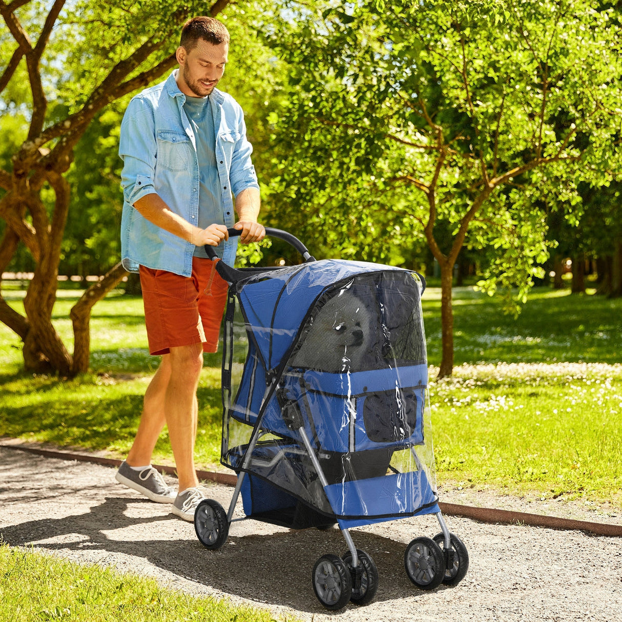 Foldable Mini Dog Stroller with Rain Cover & Cup Holder, PawHut, Blue