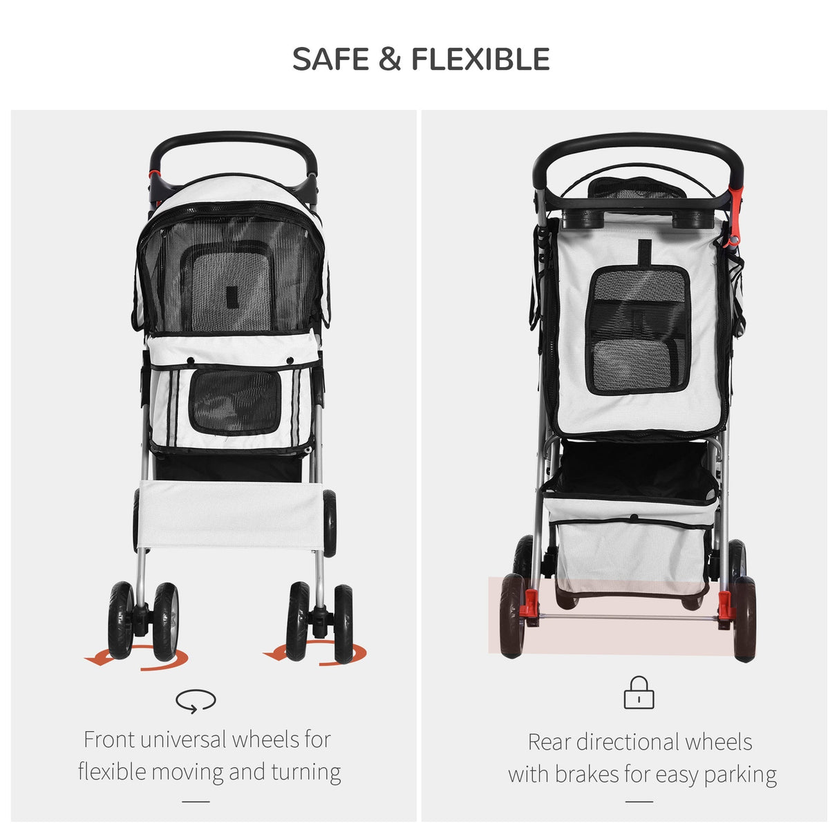 Foldable Mini Dog Stroller with Rain Cover & Cup Holder, PawHut, Light Grey