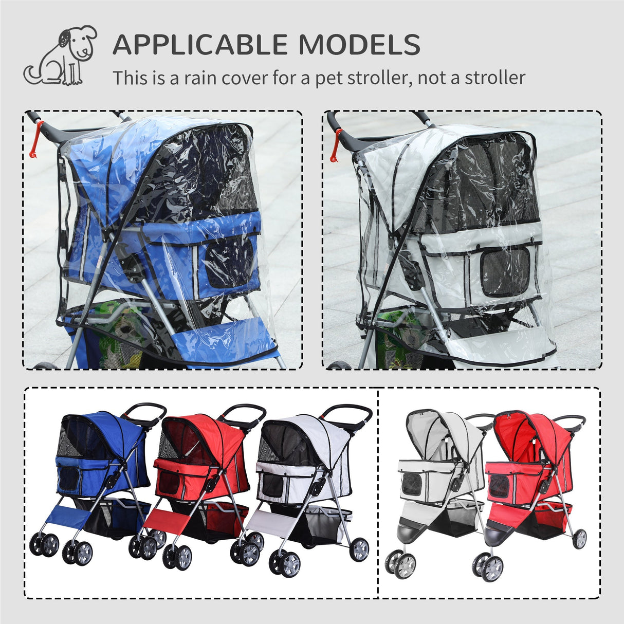 Foldable Mini Dog Stroller with Rain Cover & Cup Holder, PawHut, Light Grey