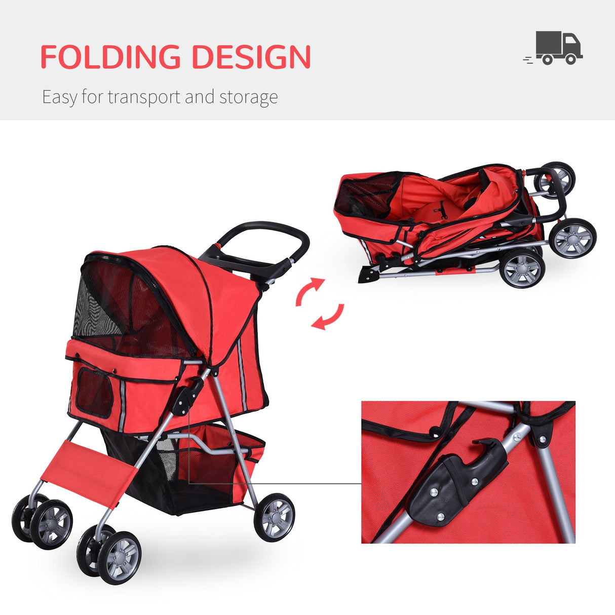 Foldable Mini Dog Stroller with Rain Cover & Cup Holder, PawHut, Red