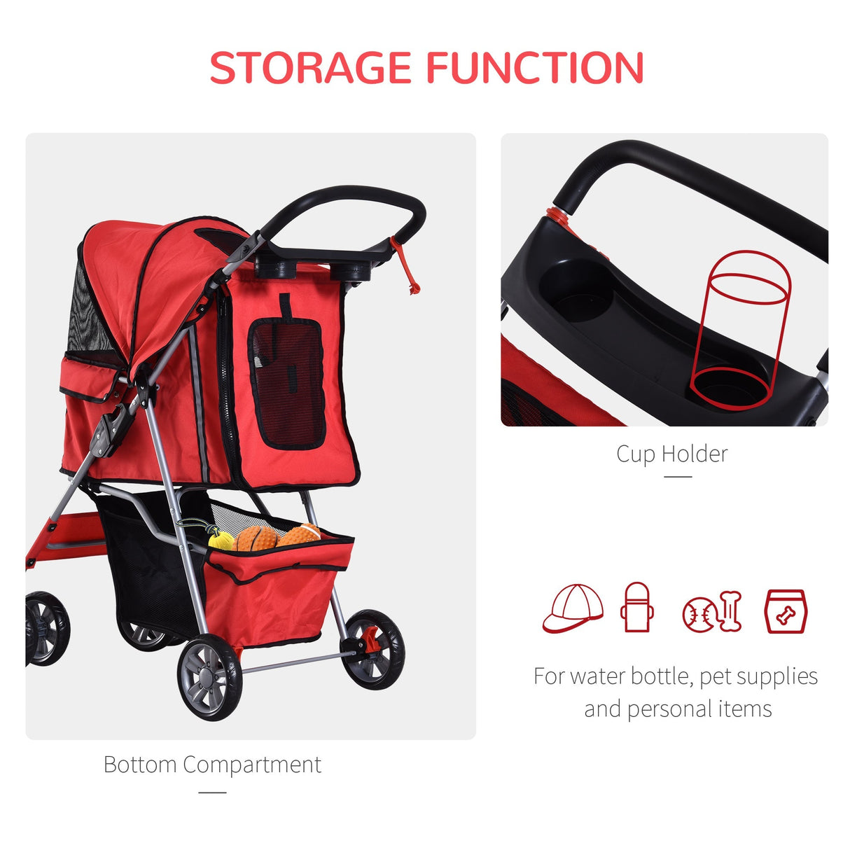 Foldable Mini Dog Stroller with Rain Cover & Cup Holder, PawHut, Red