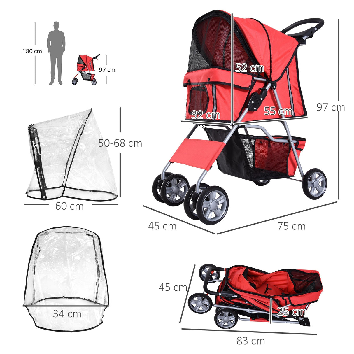 Foldable Mini Dog Stroller with Rain Cover & Cup Holder, PawHut, Red