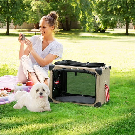 Foldable Pet Carrier, with Cushion, for Small Dogs and Cats, Khaki, PawHut,