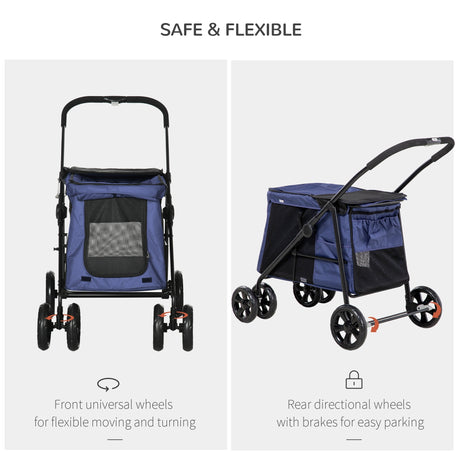 Foldable Pet Pushchair with 4 Wheels, Cushion, Safety Leashes and Storage Bags, for Small and Medium Dogs, PawHut, Dark Blue