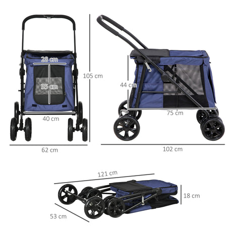 Foldable Pet Pushchair with 4 Wheels, Cushion, Safety Leashes and Storage Bags, for Small and Medium Dogs, PawHut, Dark Blue