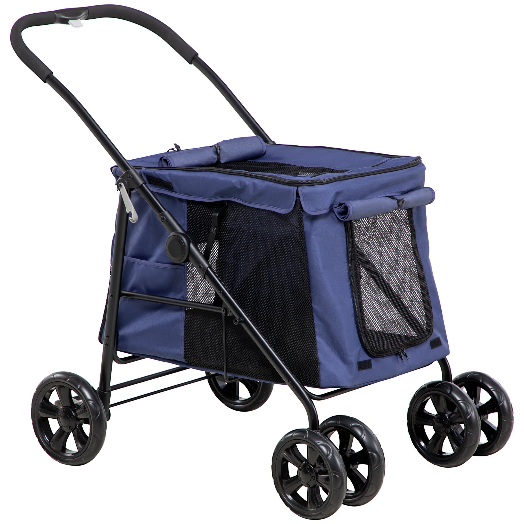 Foldable Pet Pushchair with 4 Wheels, Cushion, Safety Leashes and Storage Bags, for Small and Medium Dogs, PawHut, Dark Blue