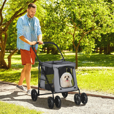 Foldable Pet Pushchair with 4 Wheels, Cushion, Safety Leashes and Storage Bags, for Small and Medium Dogs, PawHut, Dark Blue