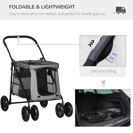 Foldable Pet Pushchair with 4 Wheels, Cushion, Safety Leashes and Storage Bags, for Small and Medium Dogs, PawHut, Dark Blue