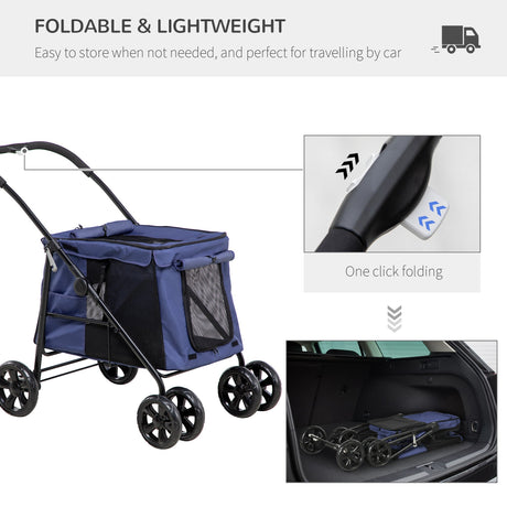 Foldable Pet Pushchair with 4 Wheels, Cushion, Safety Leashes and Storage Bags, for Small and Medium Dogs, PawHut, Dark Blue