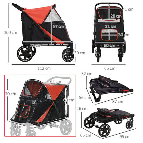 Foldable Pet Stroller with Rain Cover for Dogs - Easy Storage, PawHut, Red