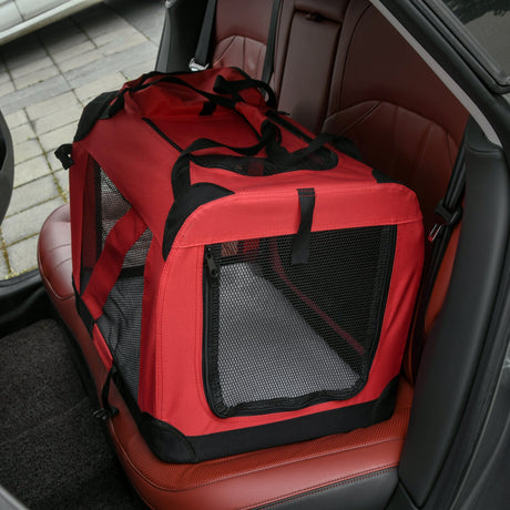 Foldable Red Pet Carrier with Mesh Window - 60x42x42cm, PawHut,