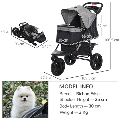 Folding 3 Wheel Dog Pushchair Travel w/ Adjustable Canopy Storage Brake, PawHut, Grey