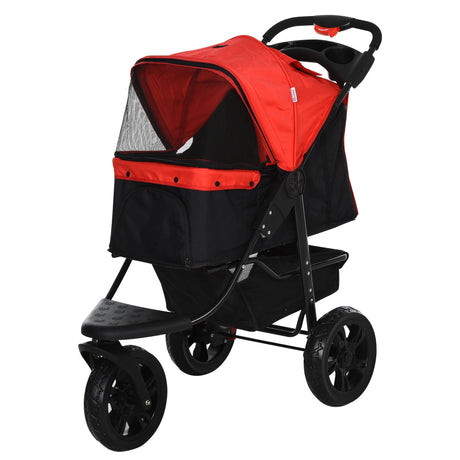 Folding 3 Wheel Dog Pushchair Travel w/ Adjustable Canopy Storage Brake, PawHut, Red