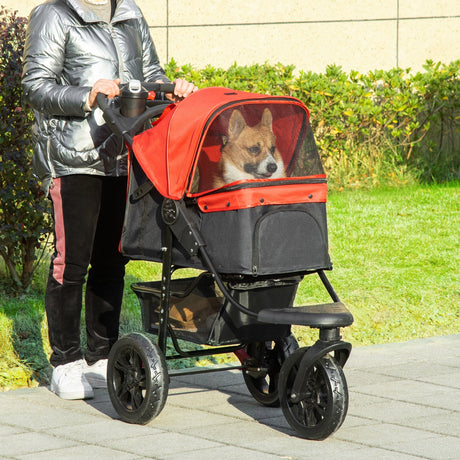 Folding 3 Wheel Dog Pushchair Travel w/ Adjustable Canopy Storage Brake, PawHut, Red