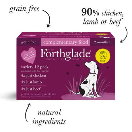 Forthglade Adult Dog Just Grain Free Chicken, Lamb & Beef Variety Pack 12x395g, Forthglade,