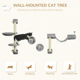 Four-Piece Cat Wall Furniture with Hammock, Perches, Ladder, Scratching Post, Grey, PawHut,