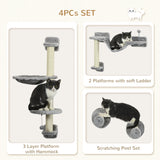 Four-Piece Cat Wall Furniture with Hammock, Perches, Ladder, Scratching Post, Grey, PawHut,