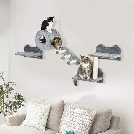 Four-Piece Wall-Mounted Cat Tree, with Steps, Perch, Cat House - Grey, PawHut,