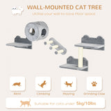 Four-Piece Wall-Mounted Cat Tree, with Steps, Perch, Cat House - Grey, PawHut,