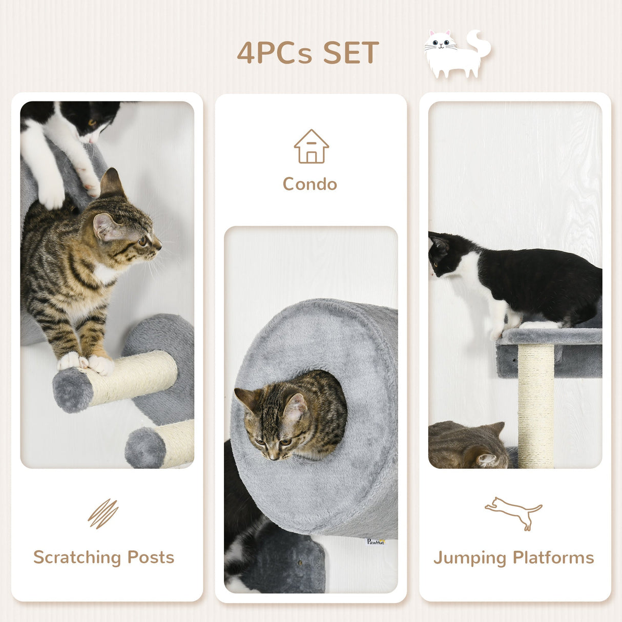 Four-Piece Wall-Mounted Cat Tree, with Steps, Perch, Cat House - Grey, PawHut,