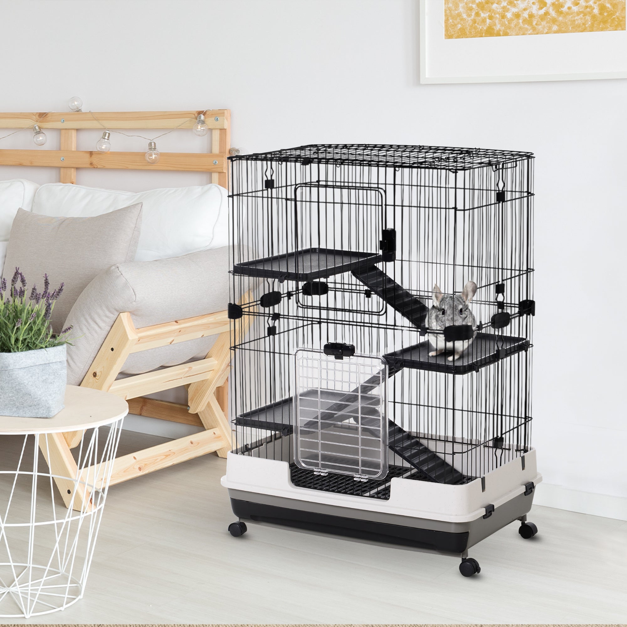 Four-Tier Cage, for Ferrets, Chinchillas with Wheels, PawHut, Black