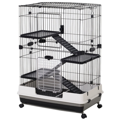 Four-Tier Cage, for Ferrets, Chinchillas with Wheels, PawHut, Black