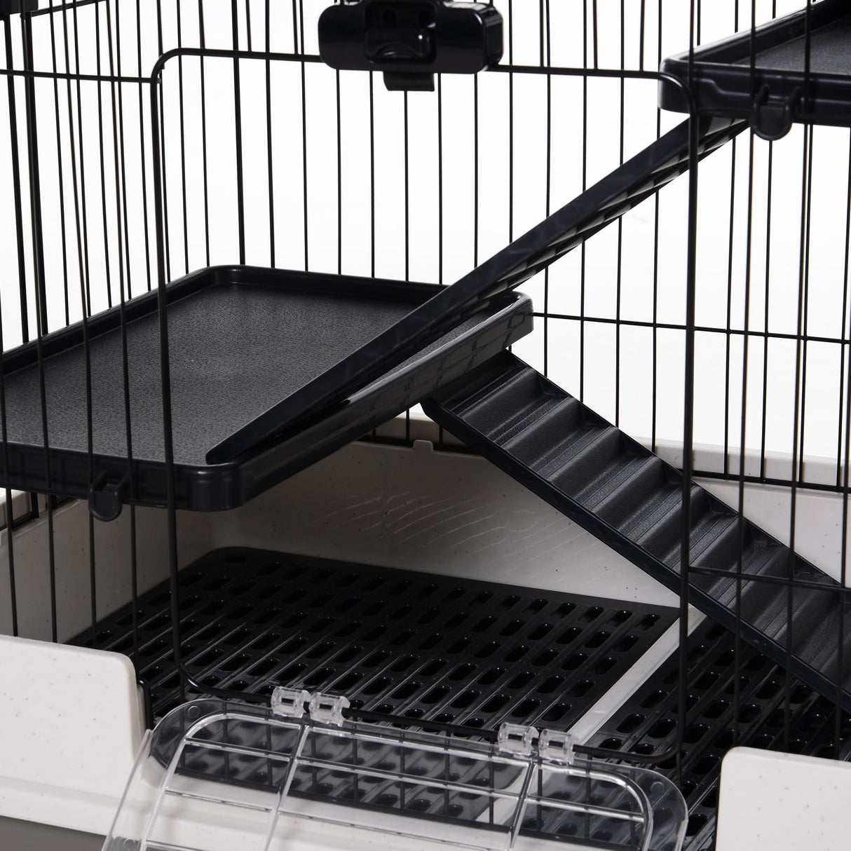 Four-Tier Cage, for Ferrets, Chinchillas with Wheels, PawHut, Black