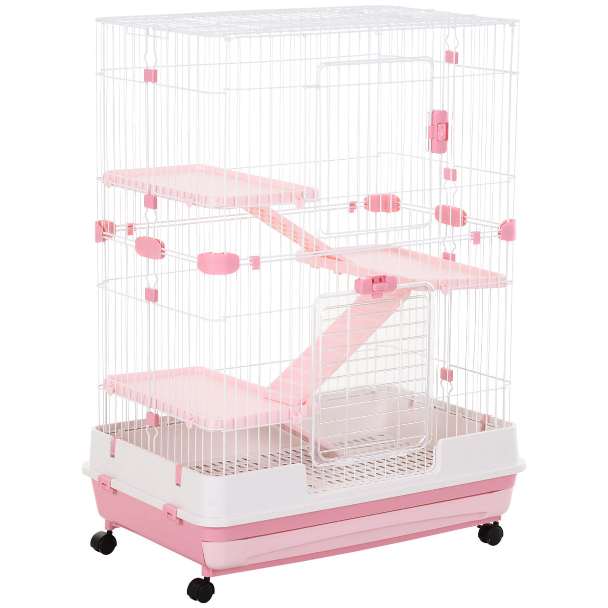 Four-Tier Cage, for Ferrets, Chinchillas with Wheels, PawHut, Pink