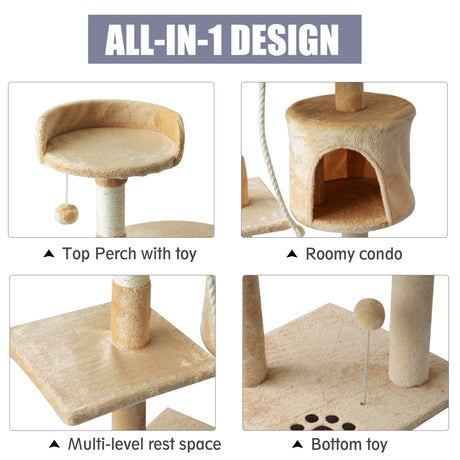 Four Tier Cat Tree House, 114H cm Beige, PawHut,