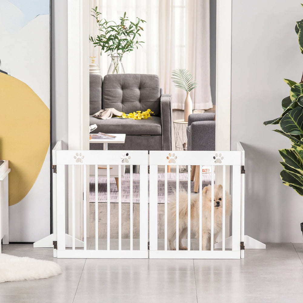 Freestanding Pet Gate 4 Panel Wooden Dog Barrier Folding Safety Fence with Support Feet up to 204cm Long 61cm Tall for Doorway Stairs, PawHut, White