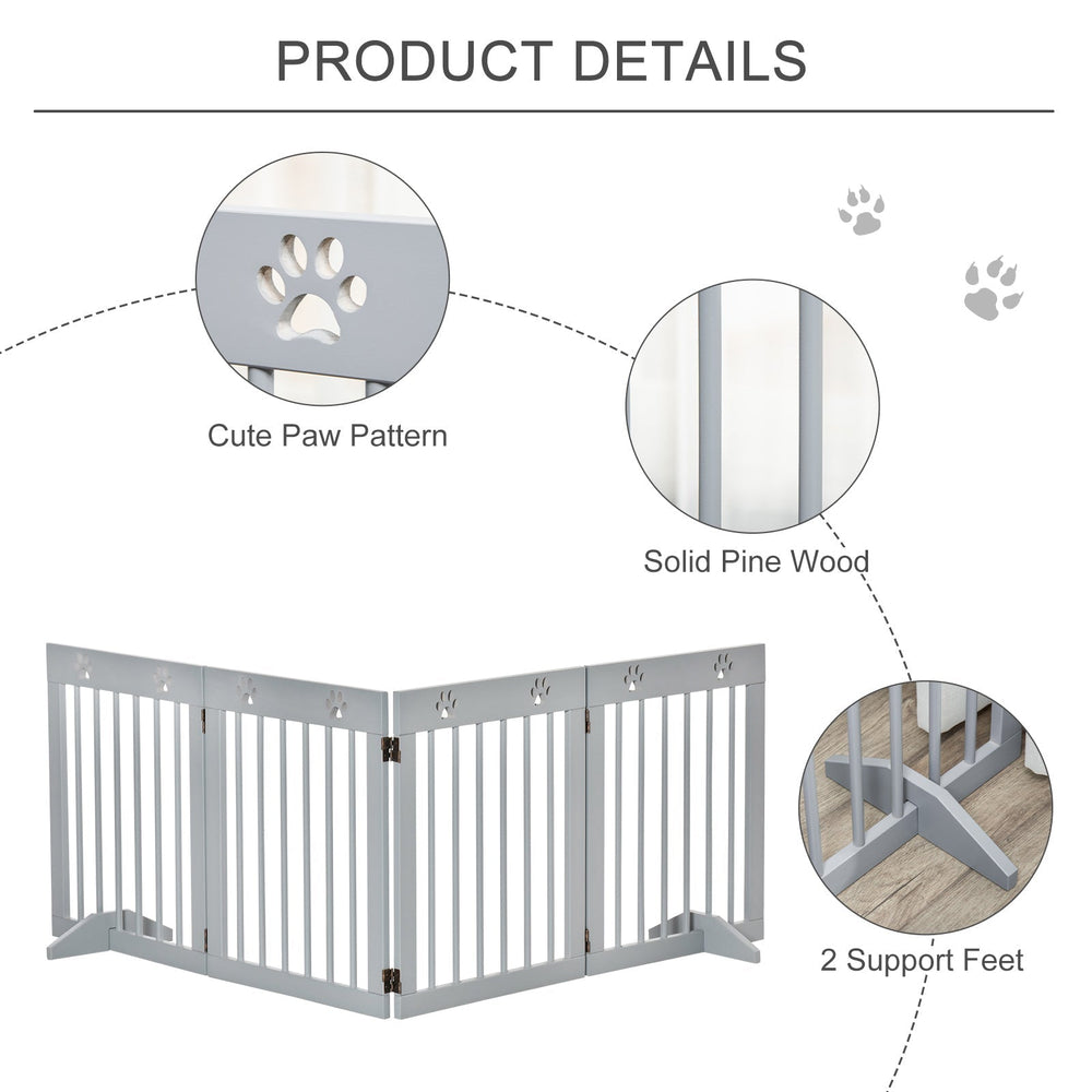 Freestanding Pet Gate 4 Panel Wooden Dog Barrier Folding Safety Fence with Support Feet up to 204cm Long 61cm Tall for Doorway Stairs, PawHut, White