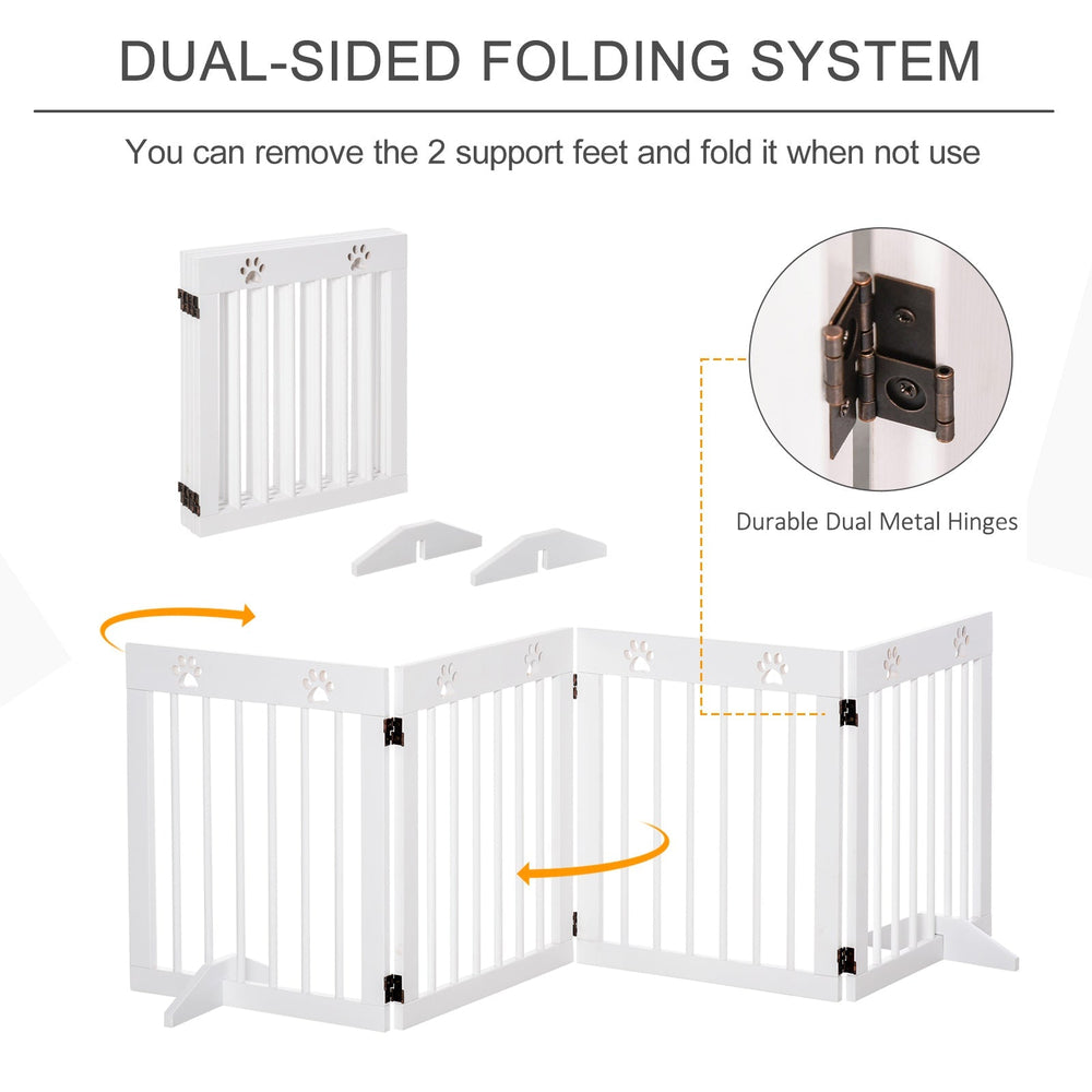 Freestanding Pet Gate 4 Panel Wooden Dog Barrier Folding Safety Fence with Support Feet up to 204cm Long 61cm Tall for Doorway Stairs, PawHut, White