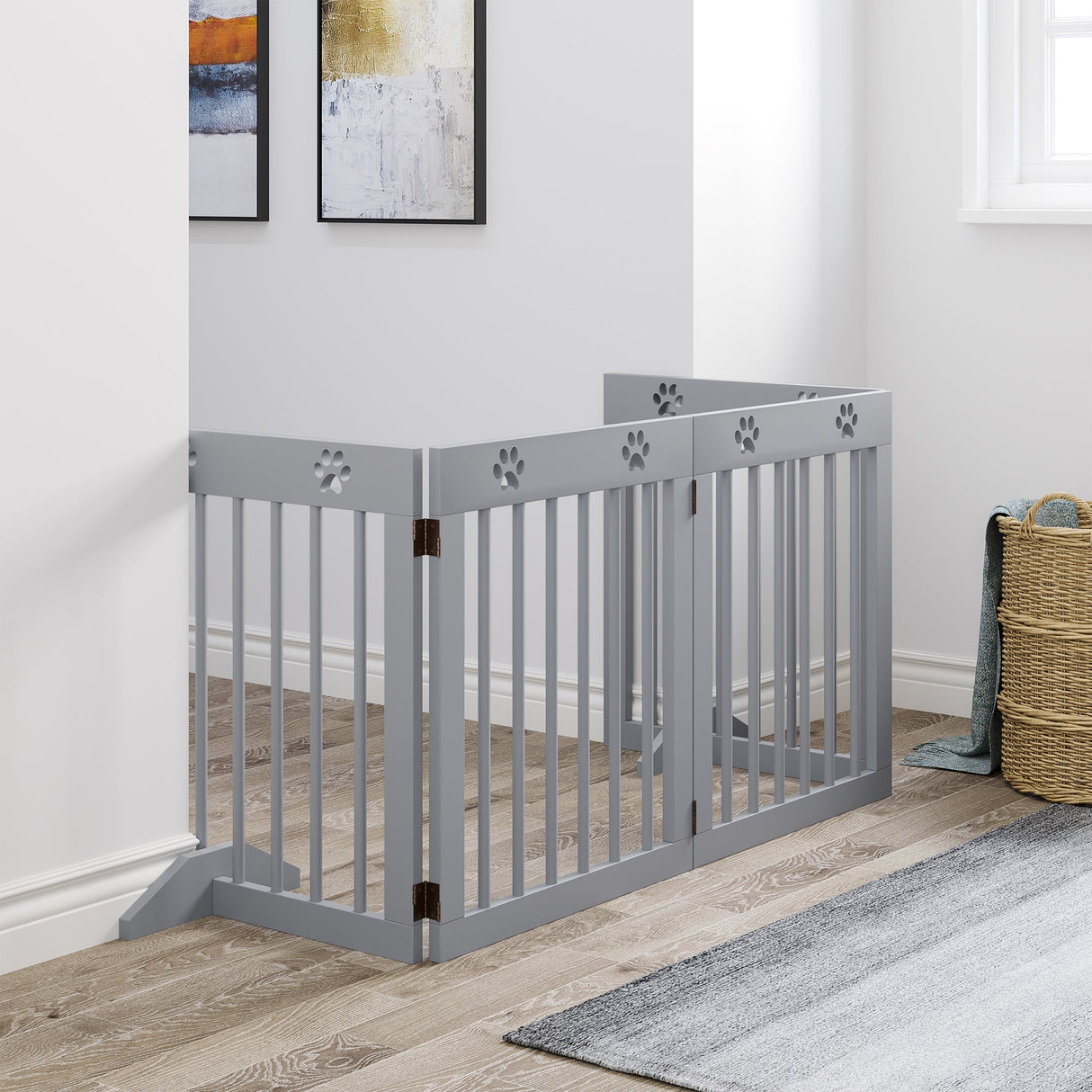 Freestanding Pet Gate 4 Panel Wooden Dog Barrier Folding Safety Fence with Support Feet up to 204cm Long 61cm Tall for Doorway Stairs, PawHut, White