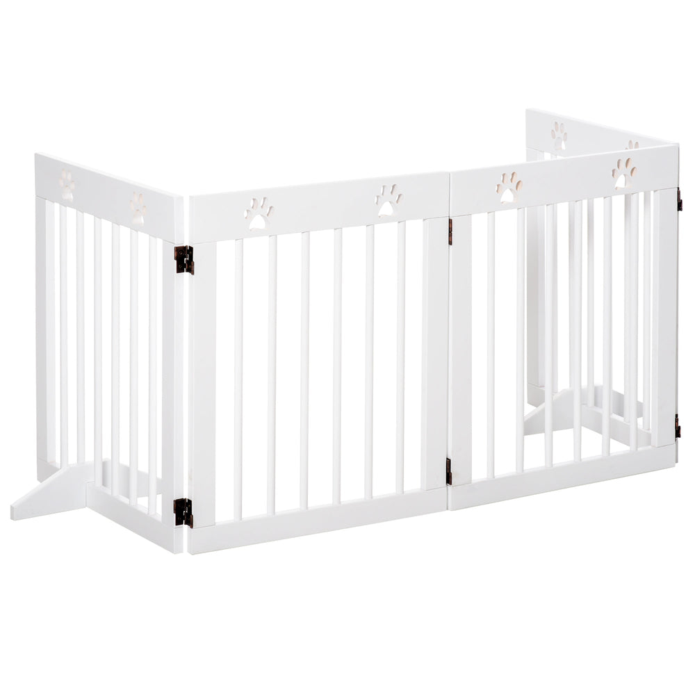Freestanding Pet Gate 4 Panel Wooden Dog Barrier Folding Safety Fence with Support Feet up to 204cm Long 61cm Tall for Doorway Stairs, PawHut, White