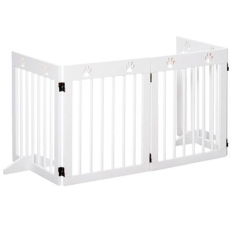 Freestanding Pet Gate 4 Panel Wooden Dog Barrier Folding Safety Fence with Support Feet up to 204cm Long 61cm Tall for Doorway Stairs, PawHut, White