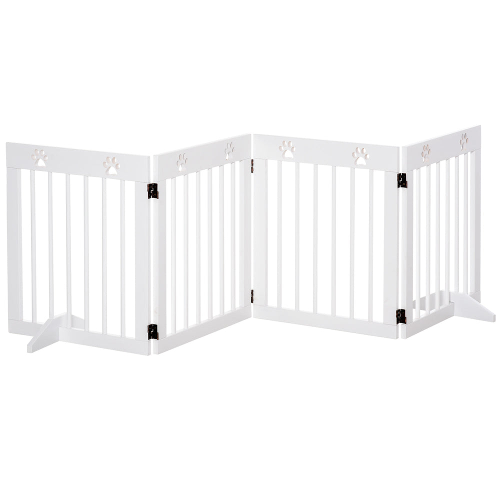 Freestanding Pet Gate 4 Panel Wooden Dog Barrier Folding Safety Fence with Support Feet up to 204cm Long 61cm Tall for Doorway Stairs, PawHut, White