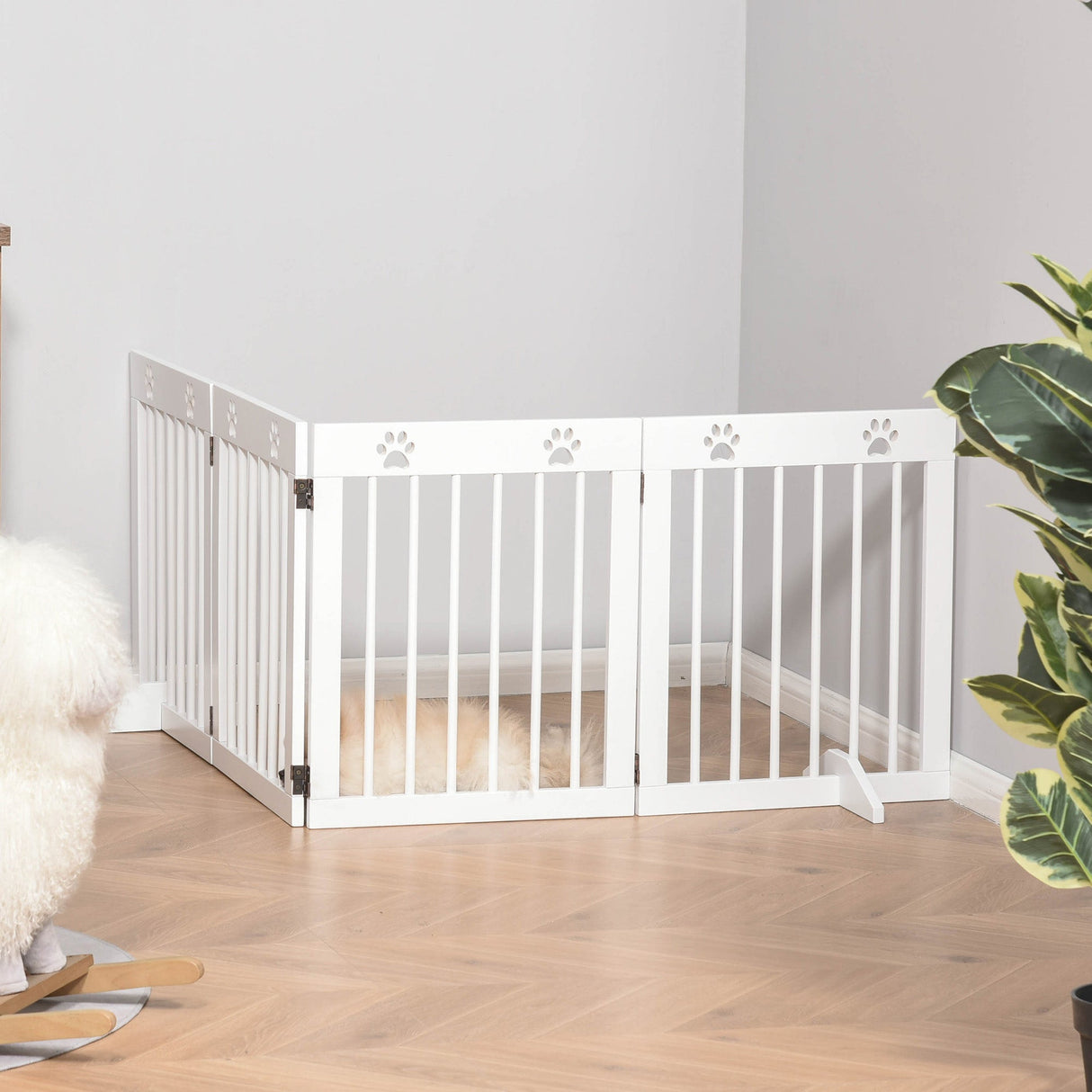 Freestanding Pet Gate 4 Panel Wooden Dog Barrier Folding Safety Fence with Support Feet up to 204cm Long 61cm Tall for Doorway Stairs, PawHut, White